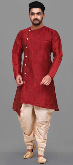 Red and Maroon color Dhoti Kurta in Jacquard fabric with Thread work