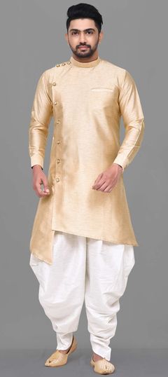 Beige and Brown color Dhoti Kurta in Dupion Silk fabric with Thread work