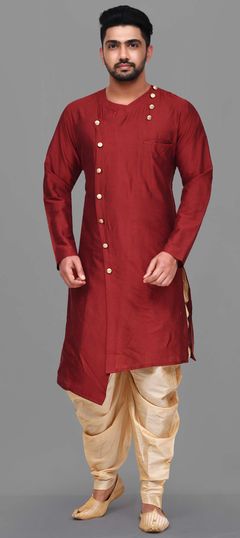 Red and Maroon color Dhoti Kurta in Art Silk fabric with Thread work