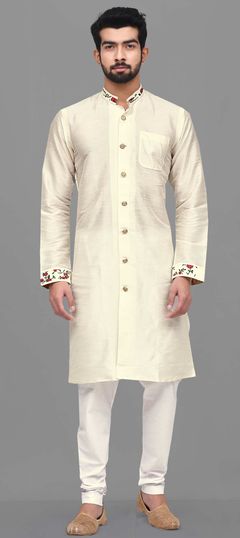 Beige and Brown color Kurta Pyjamas in Dupion Silk fabric with Printed work