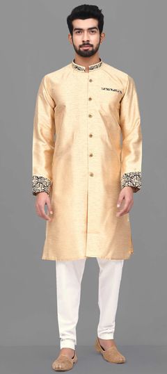 Beige and Brown color Kurta Pyjamas in Dupion Silk fabric with Thread work