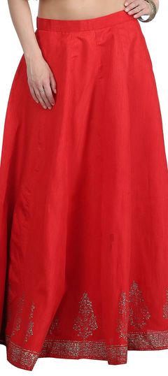 Red and Maroon color Skirt in Dupion Silk fabric with Thread work