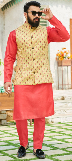 Red and Maroon color Kurta Pyjama with Jacket in Silk cotton fabric with Digital Print work