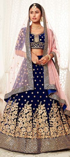 Bridal, Festive, Wedding Blue color Lehenga in Velvet fabric with A Line Embroidered, Sequence, Thread, Zari work : 1697658