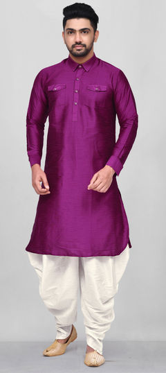 Purple and Violet color Dhoti Kurta in Dupion Silk fabric with Thread work