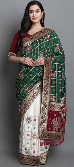 Green, White and Off White color Saree in Art Silk, Silk fabric with Embroidered, Stone, Thread work