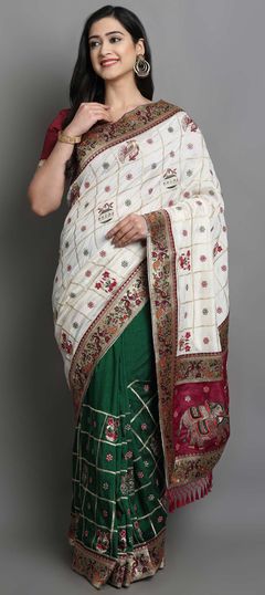 Green, White and Off White color Saree in Art Silk, Silk fabric with Embroidered, Stone, Thread work