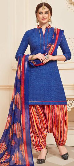 Blue color Salwar Kameez in Cotton fabric with Printed work