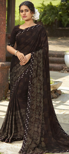 Beige and Brown color Saree in Georgette fabric with Border, Printed work