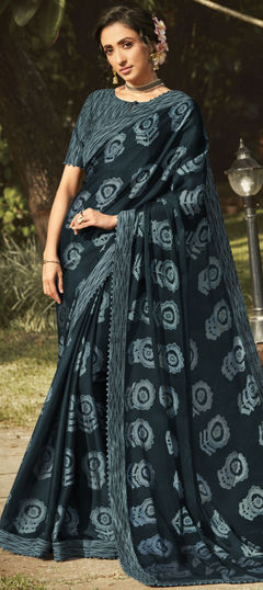 Blue color Saree in Georgette fabric with Border, Printed work