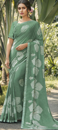 Green color Saree in Georgette fabric with Border, Printed work