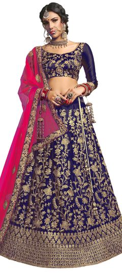 Festive, Reception Blue color Lehenga in Satin Silk fabric with A Line Embroidered, Stone, Thread, Zari work : 1698824