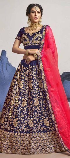 Festive, Reception Blue color Lehenga in Satin Silk fabric with A Line Embroidered, Stone, Thread, Zari work : 1698829