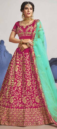 Festive, Reception Pink and Majenta color Lehenga in Satin Silk fabric with A Line Embroidered, Stone, Thread, Zari work : 1698834