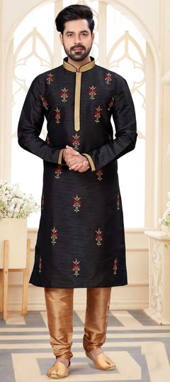 Black and Grey color Kurta Pyjamas in Dupion Silk fabric with Embroidered, Thread work