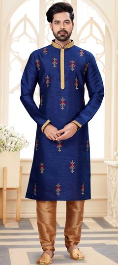 Blue color Kurta Pyjamas in Dupion Silk fabric with Embroidered, Thread work