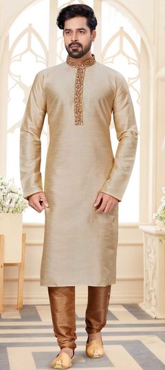 Beige and Brown color Kurta Pyjamas in Dupion Silk fabric with Embroidered, Thread work