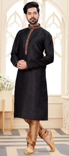 Black and Grey color Kurta Pyjamas in Dupion Silk fabric with Embroidered, Thread work