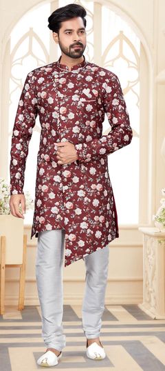 Red and Maroon color IndoWestern Dress in Jacquard fabric with Digital Print work