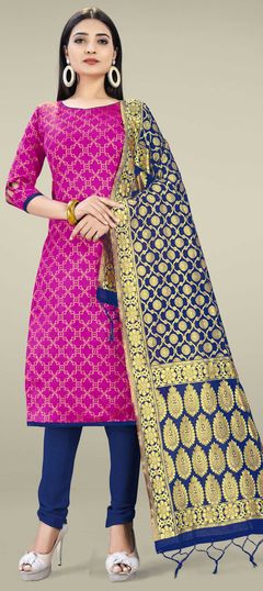 Pink and Majenta color Salwar Kameez in Banarasi Silk fabric with Weaving work