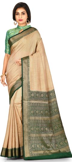 Beige and Brown color Saree in Art Silk, Silk fabric with Weaving work