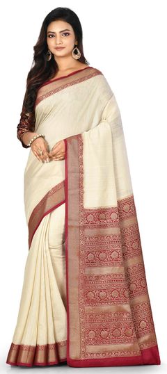 White and Off White color Saree in Art Silk, Silk fabric with Weaving work