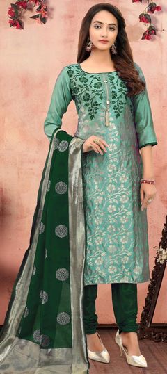 Green color Salwar Kameez in Banarasi Silk fabric with Weaving work
