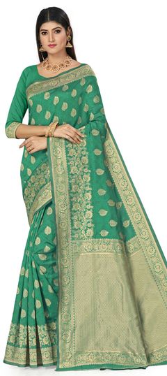 Green color Saree in Art Silk, Silk fabric with Weaving work