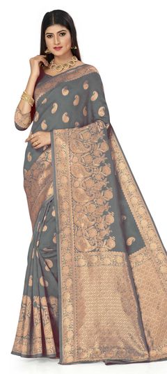 Black and Grey color Saree in Art Silk, Silk fabric with Weaving work