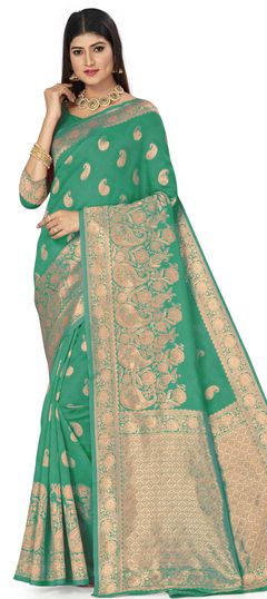 Green color Saree in Art Silk, Silk fabric with Weaving work