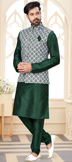 Green color Kurta Pyjama with Jacket in Dupion Silk fabric with Digital Print work