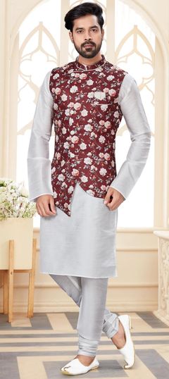 White and Off White color Kurta Pyjama with Jacket in Dupion Silk fabric with Digital Print work