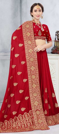 Red and Maroon color Saree in Art Silk, Silk fabric with Embroidered, Stone, Thread, Zari work