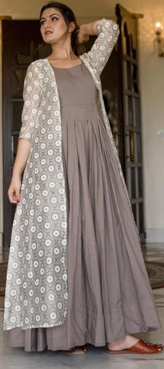 Beige and Brown color Gown in Muslin fabric with Digital Print work