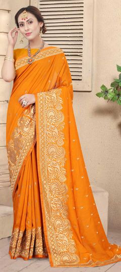 Yellow color Saree in Art Silk, Silk fabric with Embroidered, Resham, Stone, Zari work