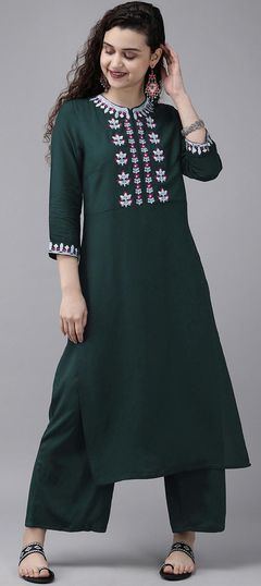 Green color Tunic with Bottom in Rayon fabric with Embroidered, Sequence, Thread work