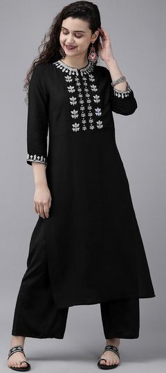 Black and Grey color Tunic with Bottom in Rayon fabric with Embroidered, Sequence, Thread work