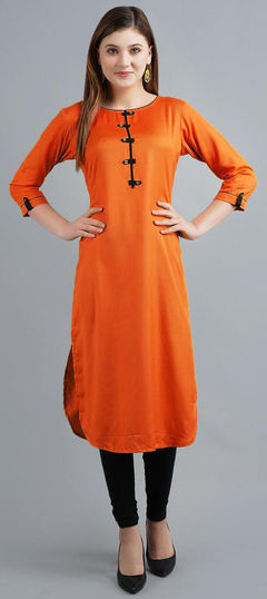 Orange color Tunic with Bottom in Rayon fabric with Thread work