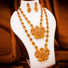 Gold Rodium Polish Green, Red and Maroon color Necklace in Metal Alloy studded with CZ Diamond