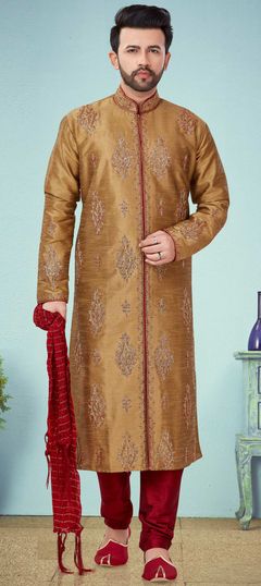 Yellow color Kurta Pyjamas in Dupion Silk fabric with Stone, Thread work