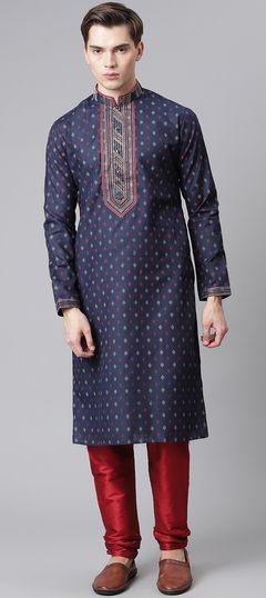 Blue color Kurta Pyjamas in Silk cotton fabric with Printed work