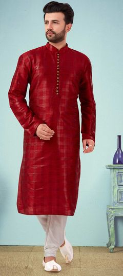 Red and Maroon color Kurta Pyjamas in Art Silk fabric with Thread work