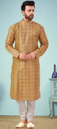 Gold color Kurta Pyjamas in Art Silk fabric with Thread work