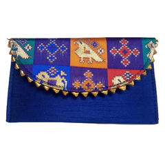 Blue color Clutches in Raw Dupion Silk fabric with Weaving work