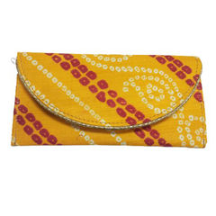 Yellow color Clutches in Cotton fabric with Bandhej, Printed work