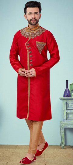 Red and Maroon color Kurta Pyjamas in Cotton fabric with Embroidered, Stone, Thread work