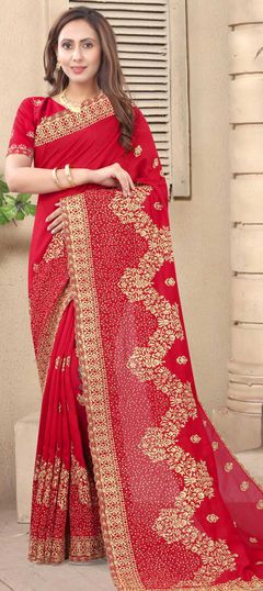 Red and Maroon color Saree in Art Silk, Silk fabric with Embroidered, Stone, Thread, Zari work