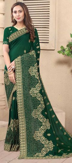 Green color Saree in Art Silk, Silk fabric with Embroidered, Stone, Thread, Zari work