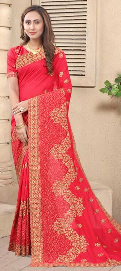 Pink and Majenta color Saree in Art Silk, Silk fabric with Embroidered, Stone, Thread, Zari work