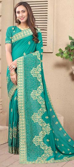 Blue color Saree in Art Silk, Silk fabric with Embroidered, Stone, Thread, Zari work